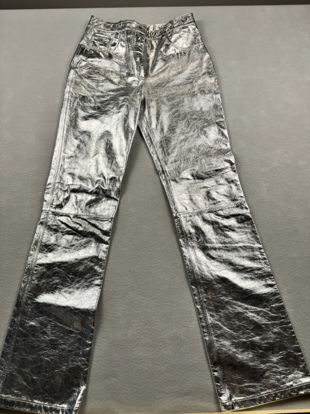 Helmut Lang Silver Metallic Leather Pants VTG Y2K Straight Leg Luxe Size 4